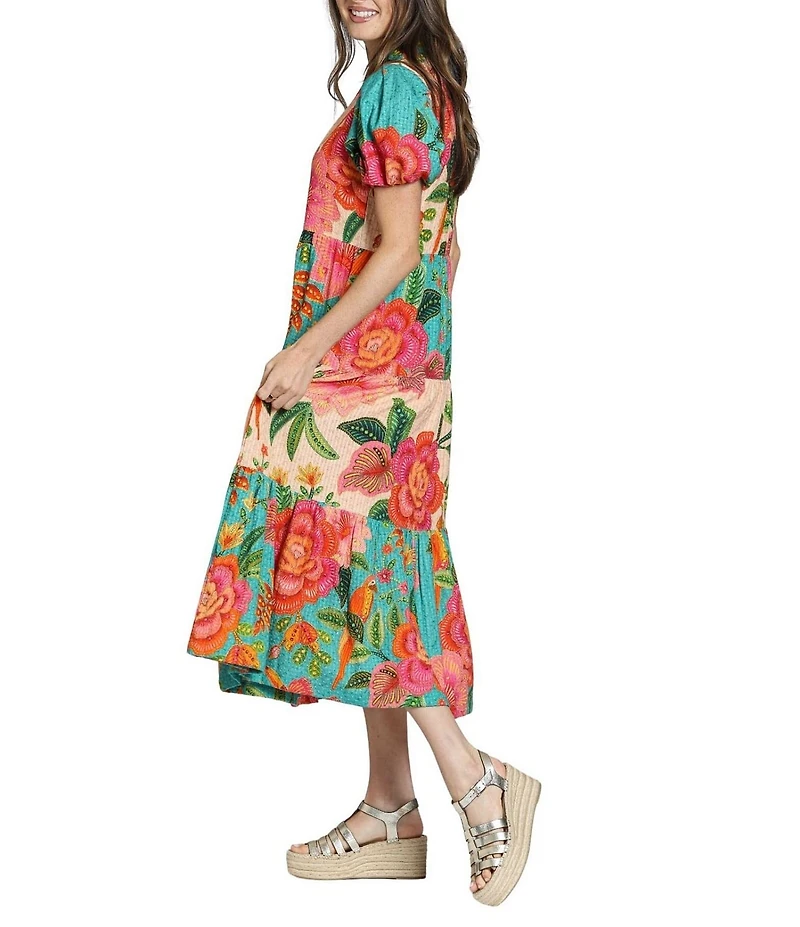 APNY Woven Floral Print V-Neck Short Sleeve Shift Midi Dress