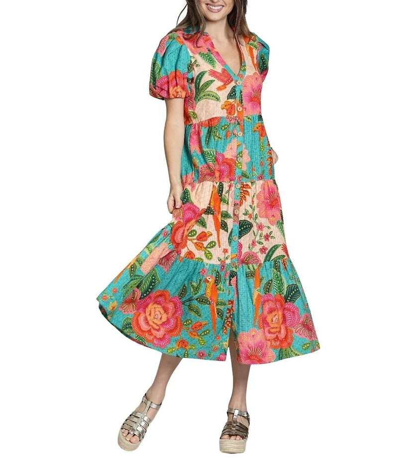 APNY Woven Floral Print V-Neck Short Sleeve Shift Midi Dress