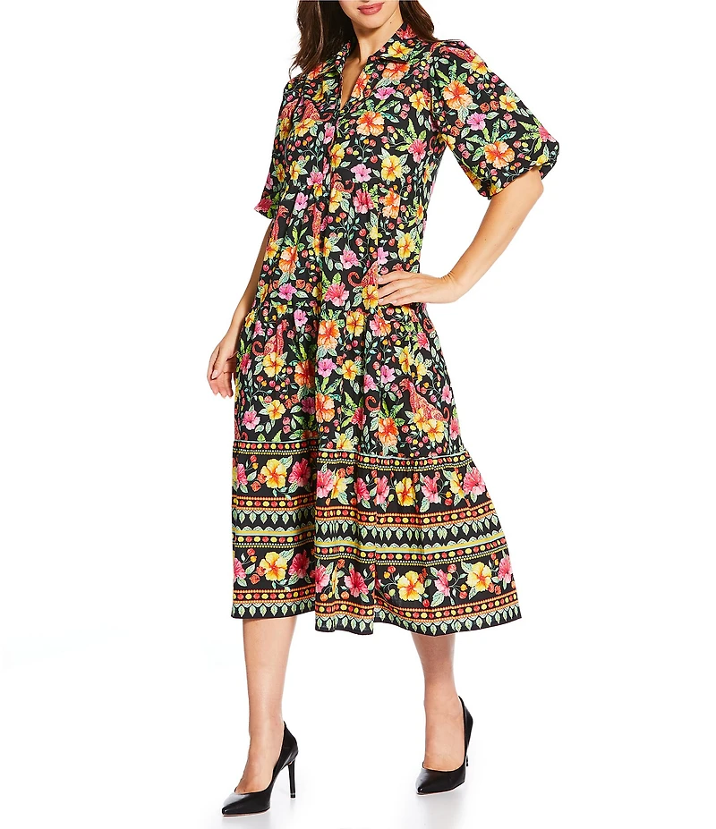APNY Woven Floral Print V-Neck Short Sleeve Tiered Midi Dress