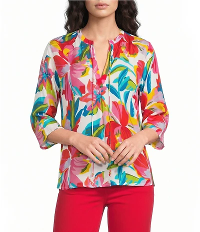 APNY Woven Floral Print V-Neck Tassel 3/4 Sleeve Top