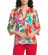 APNY Woven Floral Print V-Neck Tassel 3/4 Sleeve Top