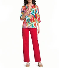 APNY Woven Floral Print V-Neck Tassel 3/4 Sleeve Top