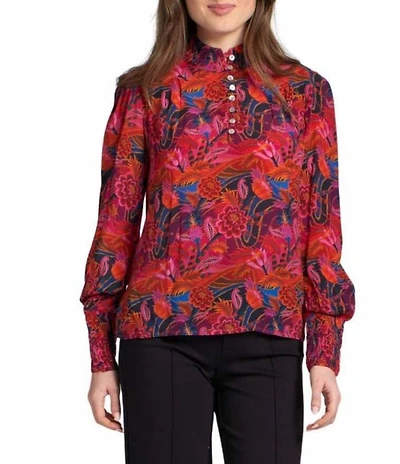 APNY Woven Floral Printed High Neck Long Puff Sleeve Ruched Detail Blouse