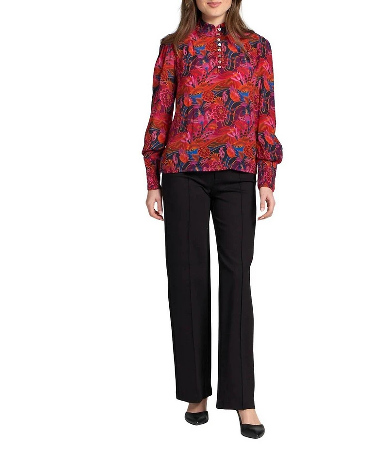 APNY Woven Floral Printed High Neck Long Puff Sleeve Ruched Detail Blouse
