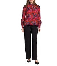 APNY Woven Floral Printed High Neck Long Puff Sleeve Ruched Detail Blouse