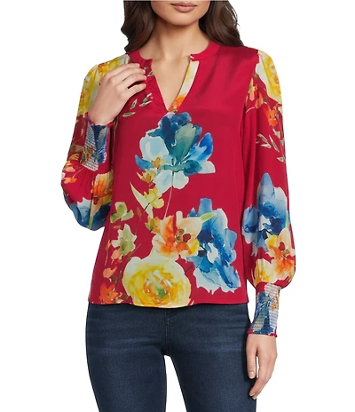 APNY Woven Floral Printed Split V-Neck Long Cuff Sleeve Top