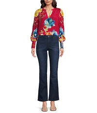 APNY Woven Floral Printed Split V-Neck Long Cuff Sleeve Top