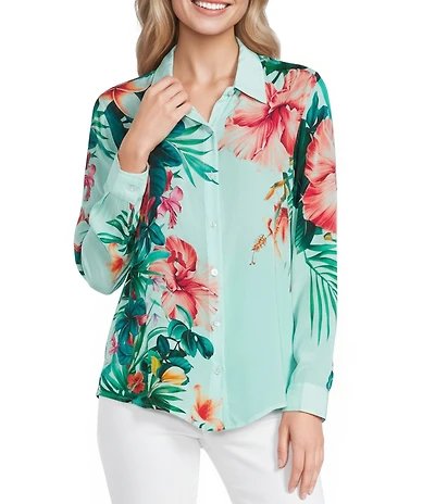 APNY Woven Floral Tropical Printed Spread Collar Long Sleeve Button Down Shirt