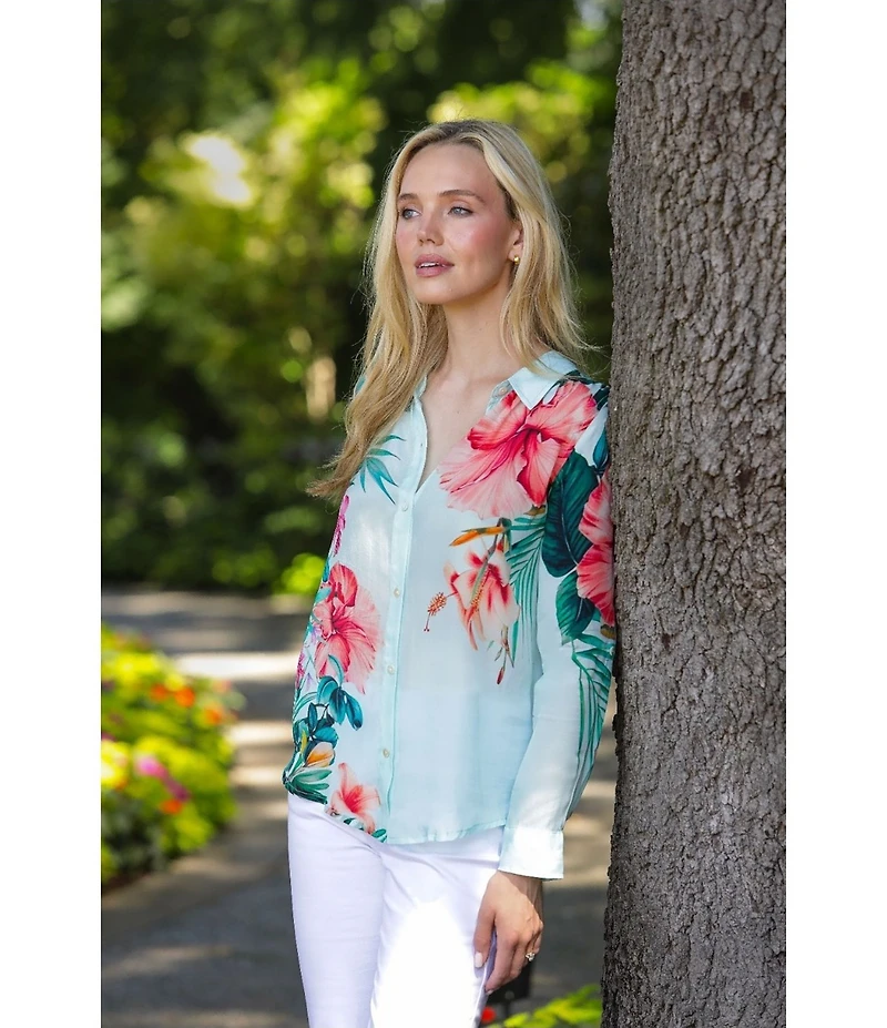 APNY Woven Floral Tropical Printed Spread Collar Long Sleeve Button Down Shirt