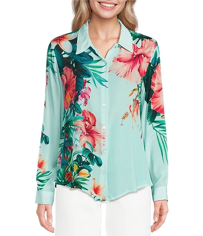 APNY Woven Floral Tropical Printed Spread Collar Long Sleeve Button Down Shirt