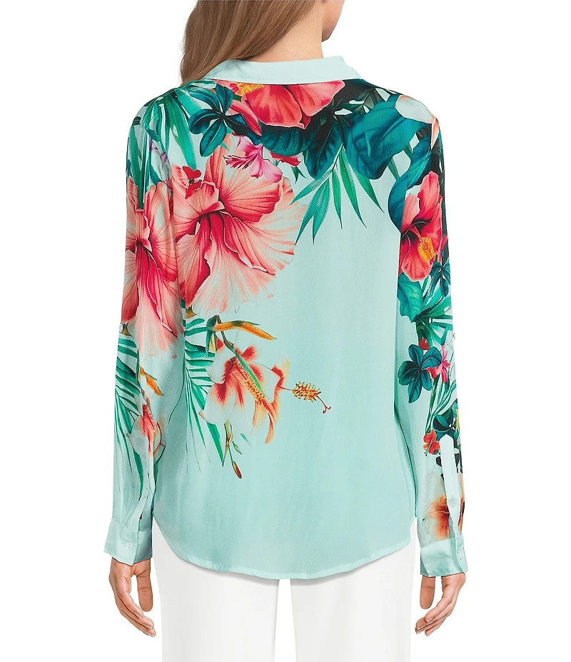 APNY Woven Floral Tropical Printed Spread Collar Long Sleeve Button Down Shirt