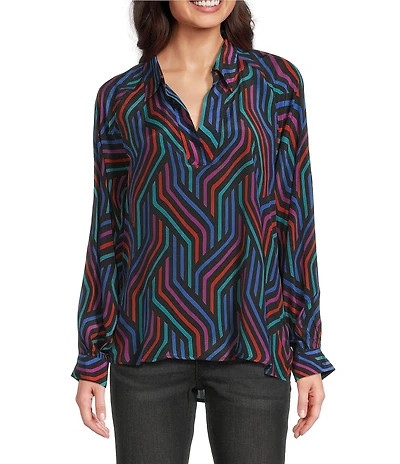 APNY Woven Geometric Print V-Neck Long Sleeve Blouse