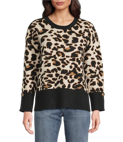 APNY Woven Leopard Print Crew Neck Long Sleeve Top