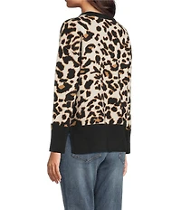 APNY Woven Leopard Print Crew Neck Long Sleeve Top