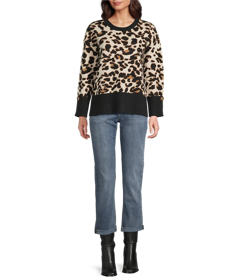 APNY Woven Leopard Print Crew Neck Long Sleeve Top