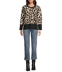 APNY Woven Leopard Print Crew Neck Long Sleeve Top