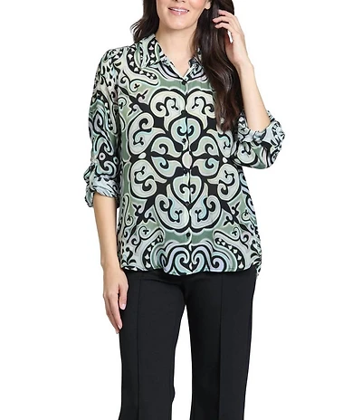 APNY Woven Lightweight All Over Abstract Print Spread Collar Long Sleeves Button-Up Shirt