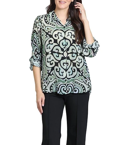 APNY Woven Lightweight All Over Abstract Print Spread Collar Long Sleeves Button-Up Shirt