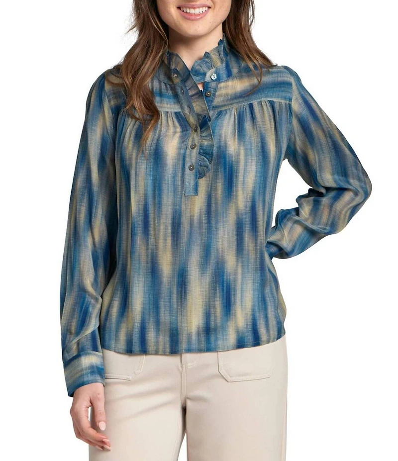APNY Woven Mandarin Collar Long Sleeve Half Placket Blouse
