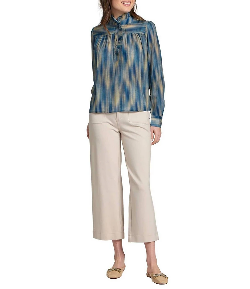 APNY Woven Mandarin Collar Long Sleeve Half Placket Blouse