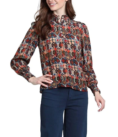 APNY Woven Multicolor Geometric Print High Button Mock Neck Long Sleeve Blouse