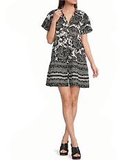 APNY Woven Print Polo Collar Short Sleeve Above The Knee Shirt Dress