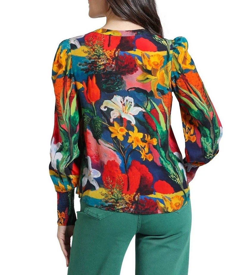 APNY Woven Print Split V-Neck Long Sleeve Pullover Blouse