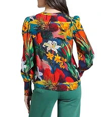 APNY Woven Print Split V-Neck Long Sleeve Pullover Blouse