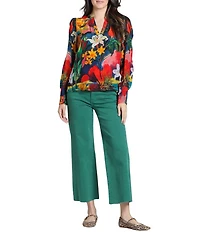 APNY Woven Print Split V-Neck Long Sleeve Pullover Blouse