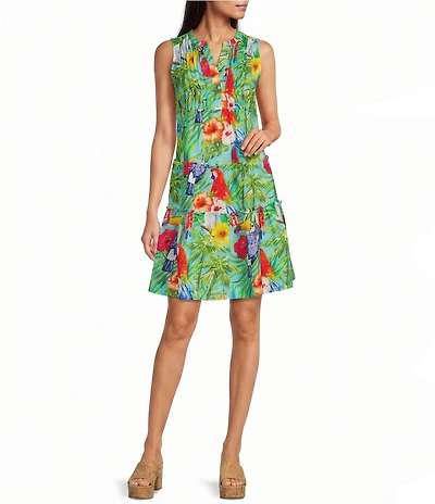 APNY Woven Print Split V-Neck Sleeveless Mini Dress