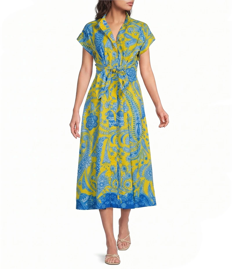 APNY Woven Print Stand Up Collar Short Sleeve Midi Length Tie Front Dress
