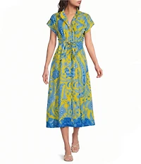 APNY Woven Print Stand Up Collar Short Sleeve Midi Length Tie Front Dress