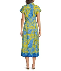 APNY Woven Print Stand Up Collar Short Sleeve Midi Length Tie Front Dress