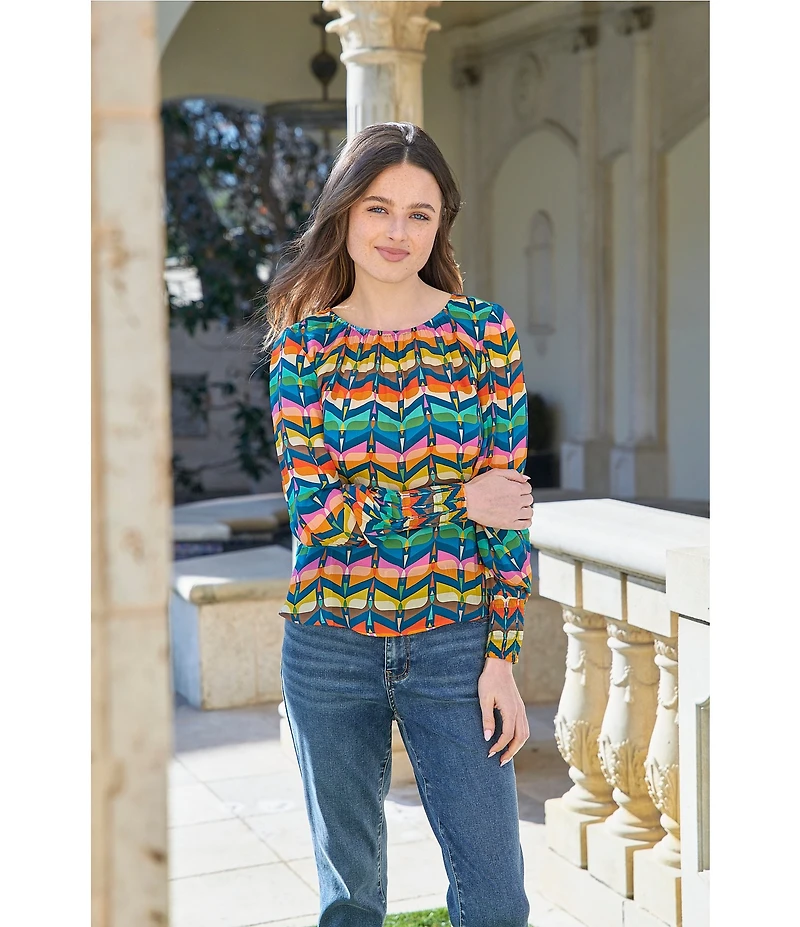 APNY Woven Printed Crew Neck Long Sleeve Smocked Blouse