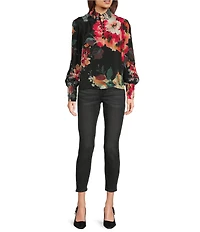 APNY Woven Printed High Neck Puff Long Sleeve Ruched Blouse