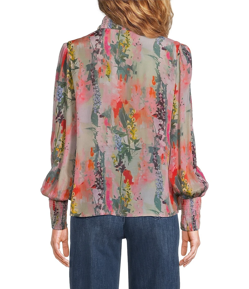 APNY Woven Printed High Neck Puff Sleeve Ruched Blouse