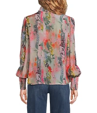 APNY Woven Printed High Neck Puff Sleeve Ruched Blouse
