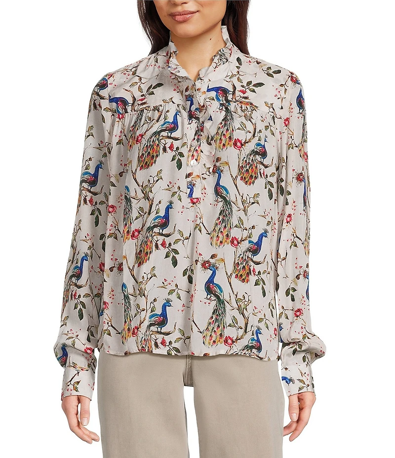 APNY Woven Printed Mandarin Collar Long Sleeve Blouse
