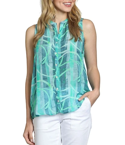 APNY Woven Printed Mandarin Collar Sleeveless Button Down Tank Top