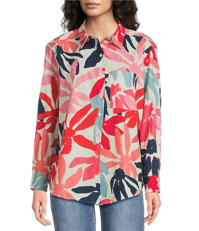 APNY Woven Printed Point Collar Long Sleeve Boyfriend Shirt