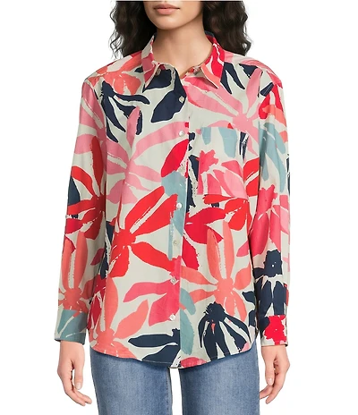 APNY Woven Printed Point Collar Long Sleeve Boyfriend Shirt