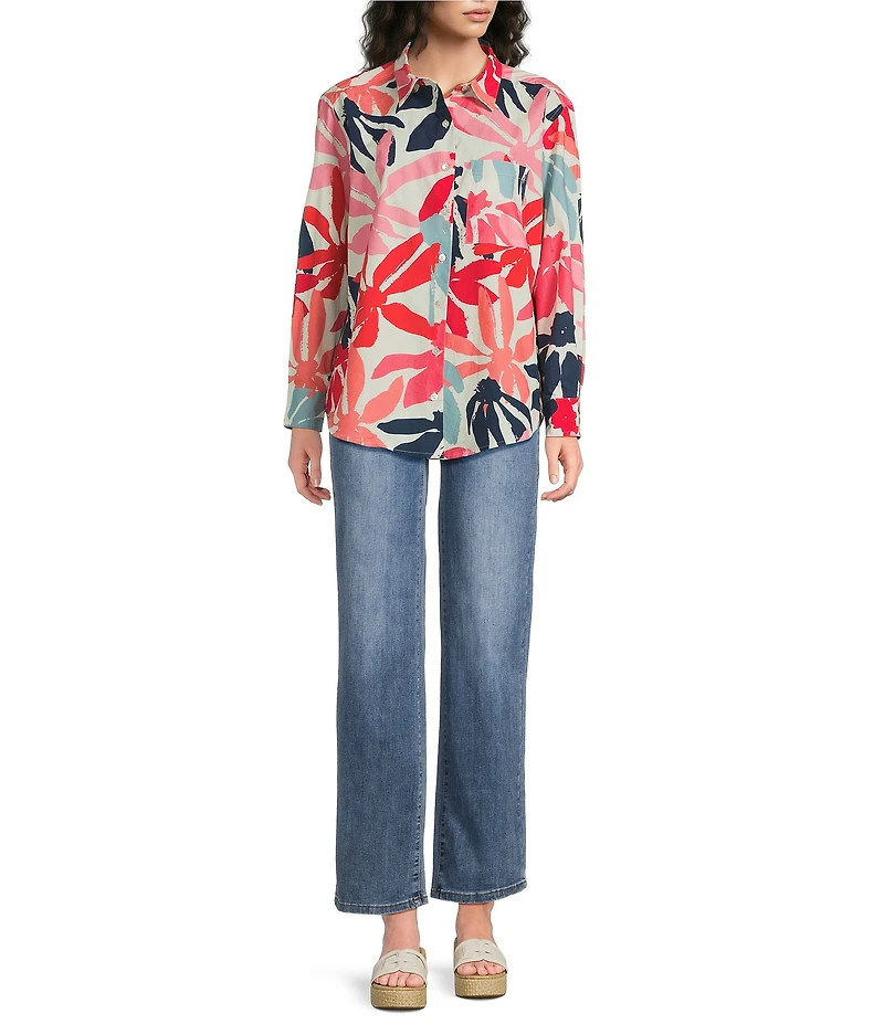 APNY Woven Printed Point Collar Long Sleeve Boyfriend Shirt