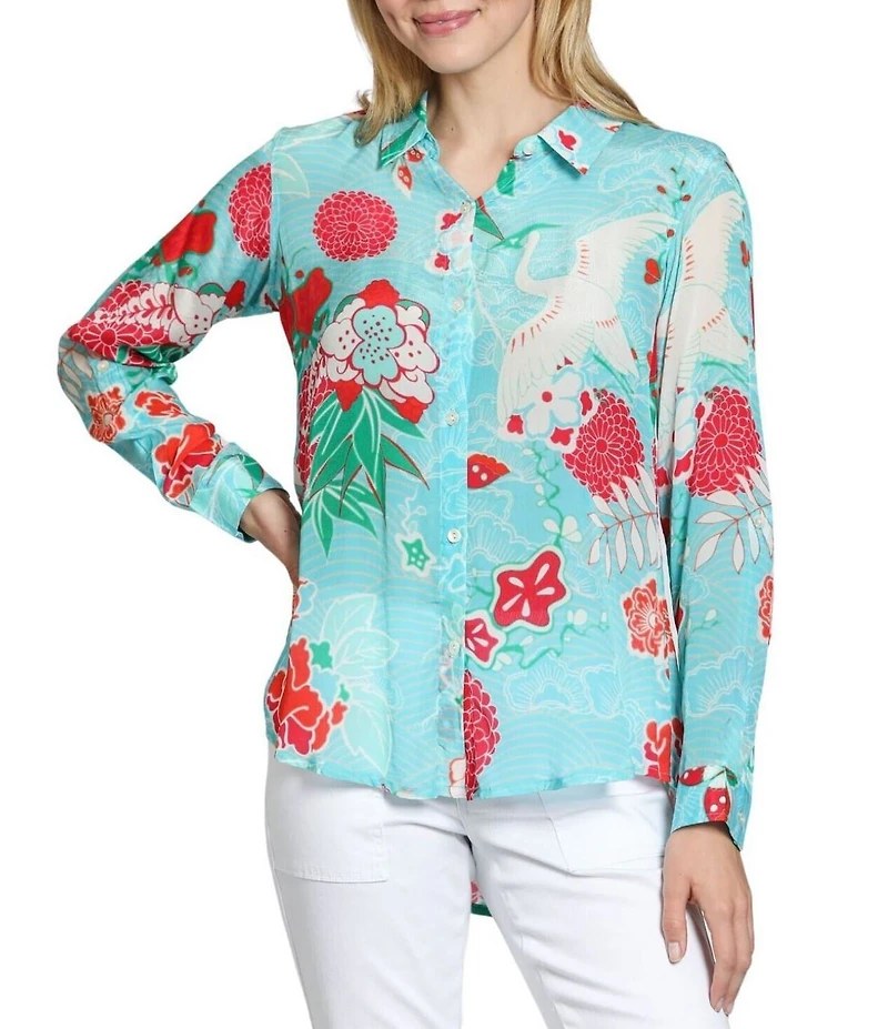 APNY Woven Printed Point Collar Long Sleeve Button Front Shirt