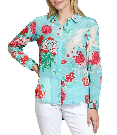 APNY Woven Printed Point Collar Long Sleeve Button Front Shirt