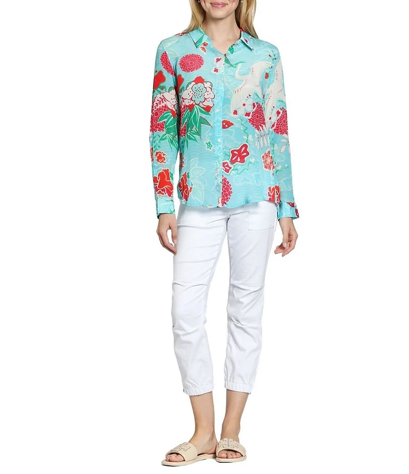 APNY Woven Printed Point Collar Long Sleeve Button Front Shirt