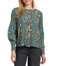 APNY Woven Printed Round Neck Long Sleeve Smocked Blouse