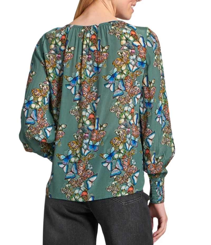 APNY Woven Printed Round Neck Long Sleeve Smocked Blouse
