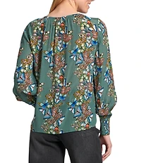 APNY Woven Printed Round Neck Long Sleeve Smocked Blouse