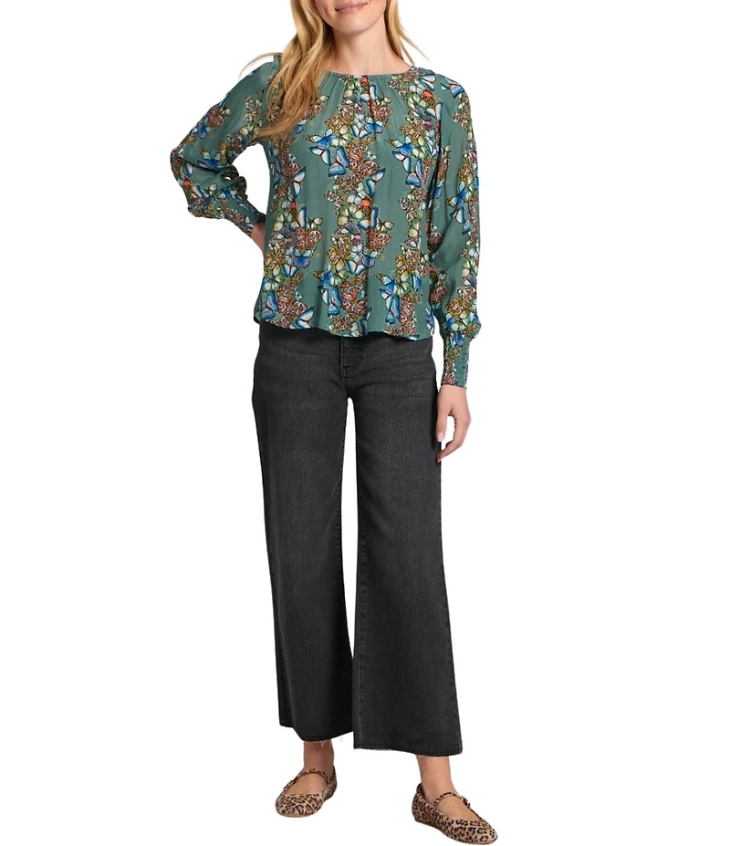 APNY Woven Printed Round Neck Long Sleeve Smocked Blouse