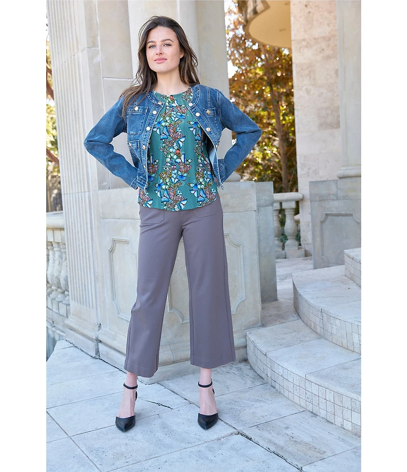 APNY Woven Printed Round Neck Long Sleeve Smocked Blouse